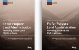 This picture shows the cover of 2 books. On the left is Fit-for-Purpose Land Administration- Providing Secure Land Rights at Scale. Volume 1: Conceptual Innovations. On the right is Volume 2: Country Implementation.